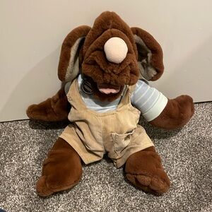 Vintage 80s Ganz Ganzbros Wrinkles Brown Dog Corduroy Overalls Large Hand Puppet